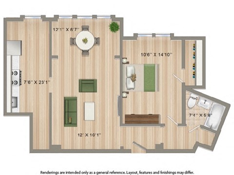 Floor plan for 1 bed, 1 bath, 734 sqft